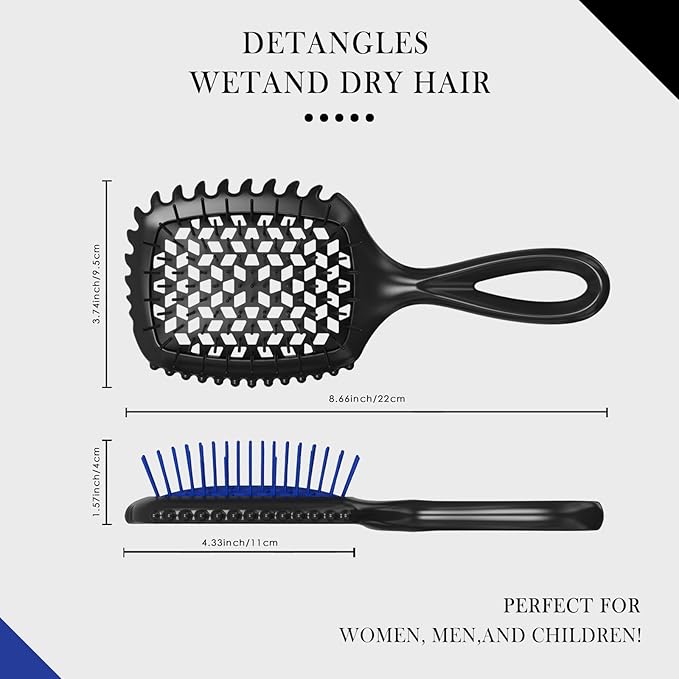Detangler Brush – 2 Pack Vented Hair Brush for Wet/Dry Hair – Easy, Pain-Free Detangler Brush Reduces Knots & Breakage – For Curly, Straight, Thick or Fine Hair – Women, Men & Kids (Black+Blue)