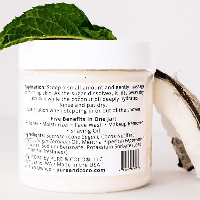 Peppermint Organic Coconut Oil Face and Body Polish - Non Toxic Body Exfoliator & Resurfacing Treatment - Smoothing Bump Eraser for KP & Strawberry Legs - Daily Hydrating Ritual for Sensitive Skin
