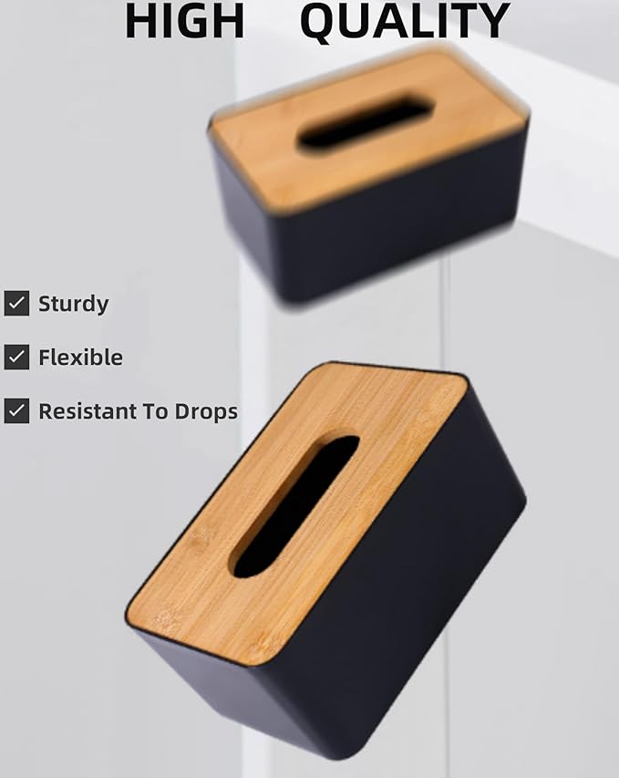 Tissue Box with Bamboo Cover,Plastic Tissue Organizer,Bathroom Tissue Dispenser for Home,Bedroom,Office,Living Room,8.1×4.6×2.9 in (Black)