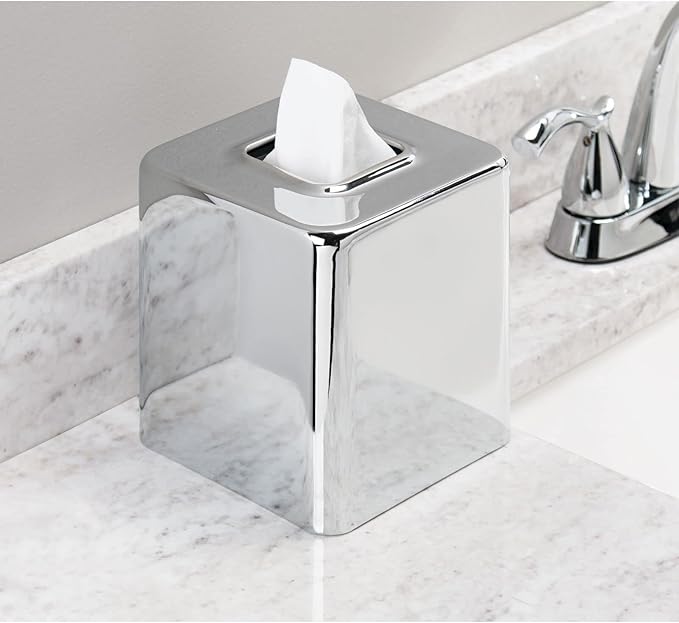 mDesign Metal Square Tissue Box Cover, Modern Facial Paper Holder - Accessories for Bathroom Vanity Countertop, Bedroom Dresser, Night Stand, Desk, Office and End Table - Unity Collection - Chrome