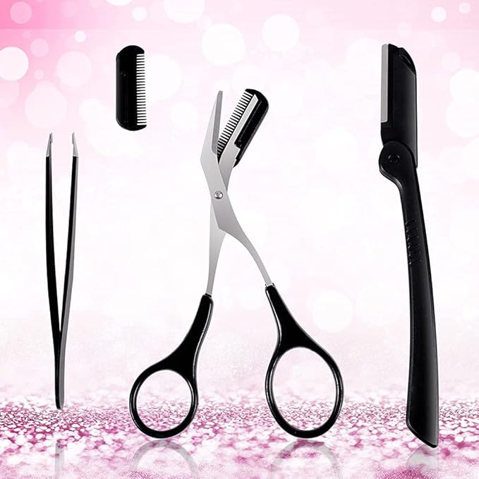 3-in-1 Eyebrow Scissors Kit，for Personal Facial Hair Removal,Multifunctional Ms. Exfoliating Beauty Tool，Including；Eyebrow Comb Scissors, Hair Removal Tweezers,Eyebrow Razor（Black