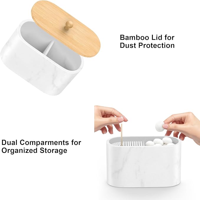 Cotton Swab Holder, Round Cotton Pads Balls Qtip Holder Dispenser with Lid, 2 Compartments Qtips Holder, Tampoms Period Box Bathroom Organizers Storage Bin Floss Dispenser Vanity Cosmetics, White