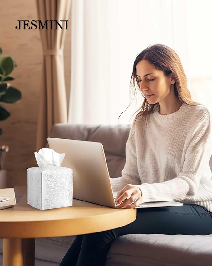 Tissue Holder White Tissue Box Cover – Square Leather Tissue Cover Box with Bottom Belt, Decorative Tissue Box Holder for Modern Home Office Decor