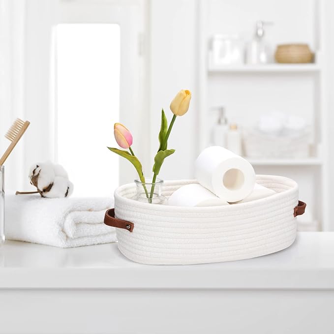 Bathroom Countertop Organizer Basket, Cotton Rope Woven Storage Basket Toilet Paper Decorative Basket for Bathroom, Bedroom, Living Room, Entryway 13"x6.3"x4.3"(Off White)