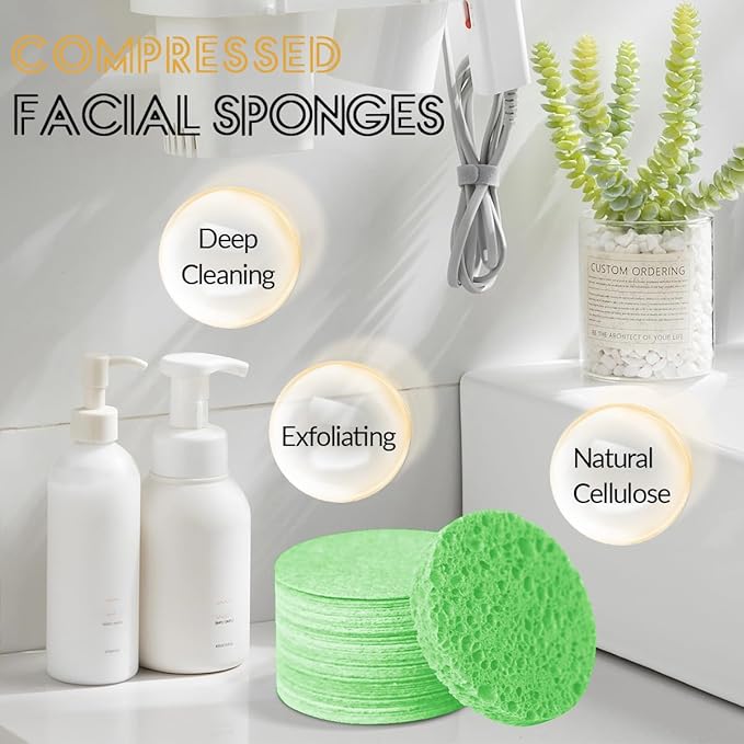 50-Count Facial Sponges Compressed Natural Cellulose Sponge Round Shape Face Sponge for Face Cleansing Exfoliating and Makeup Removal, Green