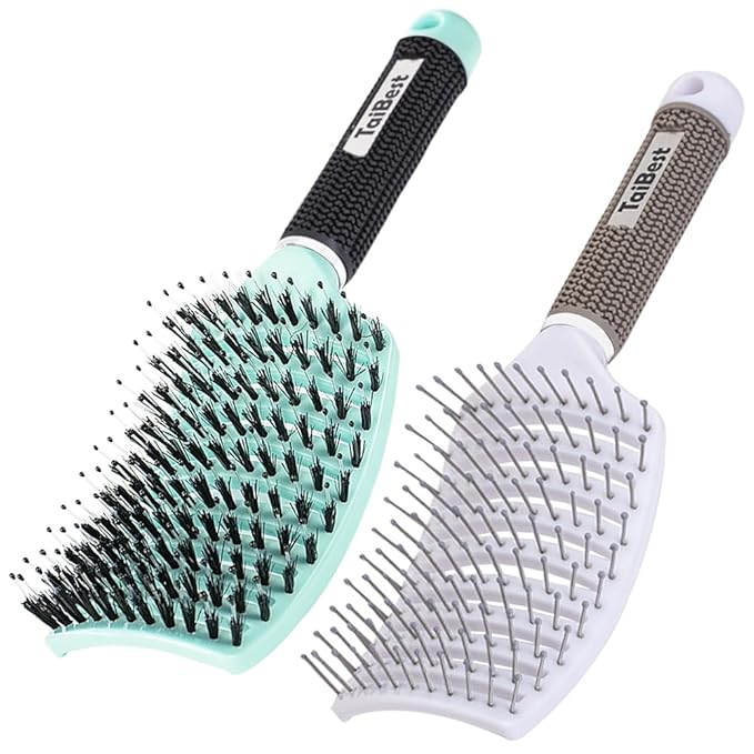 Boar Bristle Brush Set - Dry/Wet Detangler for Fine, Thick, Curly Hair - Curved and Vented Brush for Women, Men or Kids