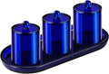 Qtip Holder Bathroom Set with Tray(4PCS) - 3 Pack Acrylic Plastic Apothecary Jars Qtip Dispenser Canister with Lid and Labels, 1 Pack Bathroom Vanity Tray, for Cotton Ball, Cotton Swab (Blue)