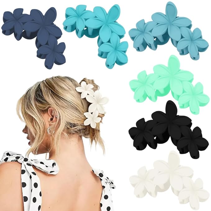 Ahoney 6PCS Blue Flower Hair Clips for Women Strong Hold Nonslip, Big Flower Claw Clip for Thick Hair, Hawaiian Cute Hair Clips Beach Hair Accessories for Women Girls