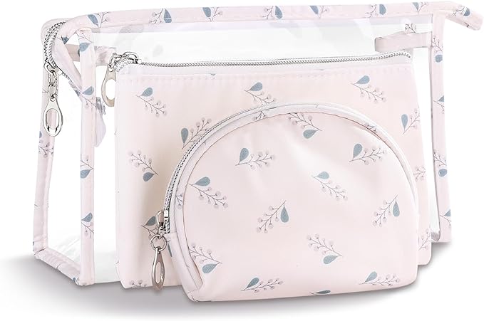 Richeart Makeup Bag, Clear Bag with Zipper, 3PC Floral Flowers Makeup Pouch, Waterproof Small Pouch, Portable Travel Toiletry Bag, E