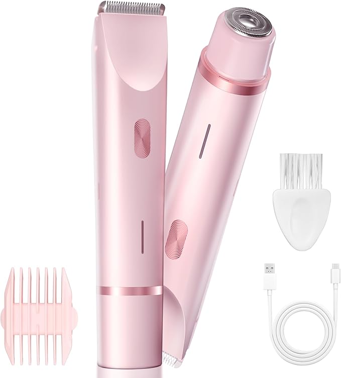Bikini Trimmer for Women, Dual-Head Electric Body Hair Trimmer for Sensitive Areas, IP67 Waterproof Rinsable, USB-C Rechargeable Groomer for Bikini Line, Underarms, Legs & Face, Soft Pink