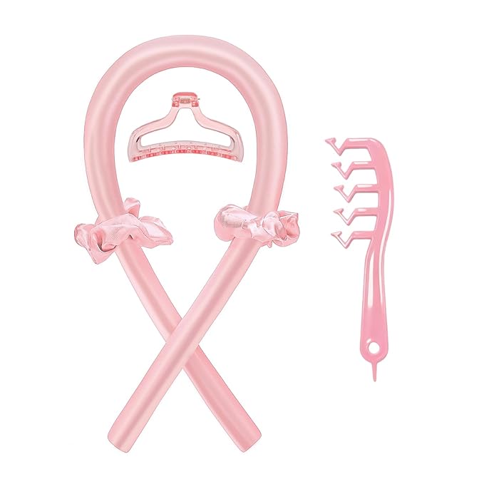 Satin Heatless Curling Rod-Heatless Curls Overnight – Hair Rollers & Hair Curlers to Sleep In – Hair Rollers for Blowout Look Long Hair – No Heat Damage, Comfortable for Night Use (Pink suit)