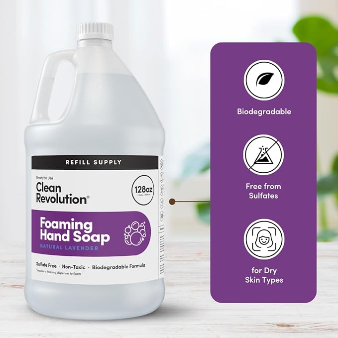 Clean Revolution Foaming Hand Soap Refill Supply Container. Ready to Use Formula. Natural Lavender Fragrance, 128 Fl. Oz