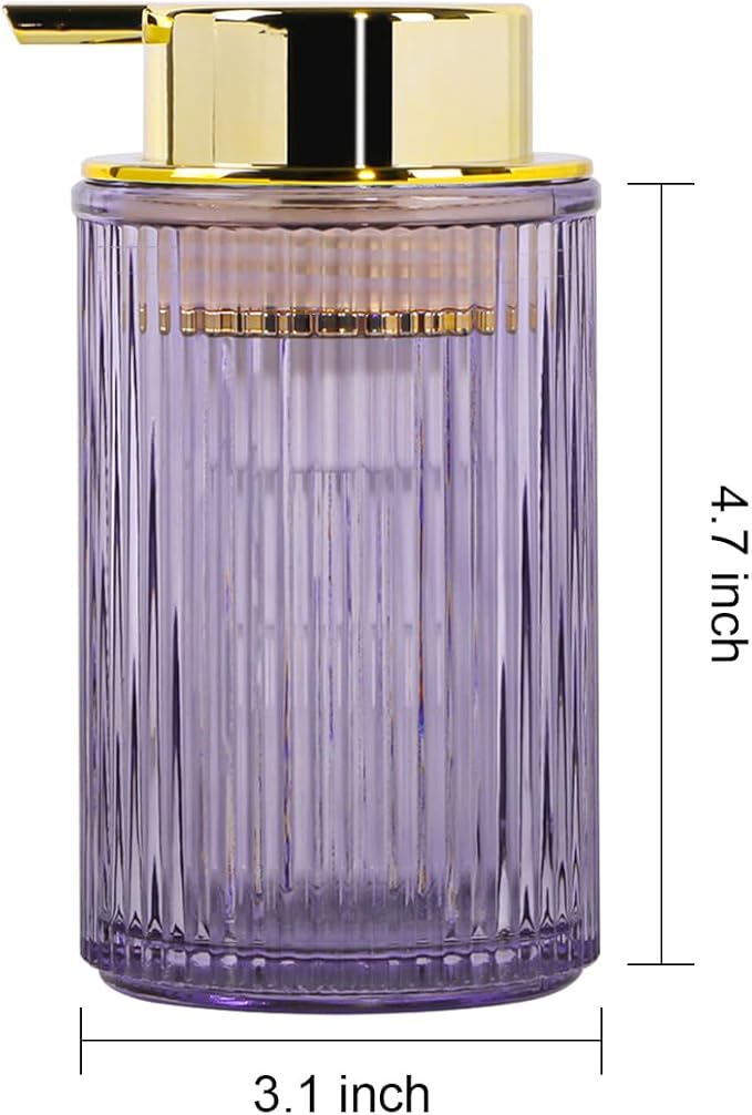 Foaming Soap Dispenser, 12 Oz Purple Glass Soap Dispenser, Refillable Liquid Lotion Container Foam Gold Pump Bottle Decorative Modern Slim Ribbed Bottle for Bathroom and Kitchen