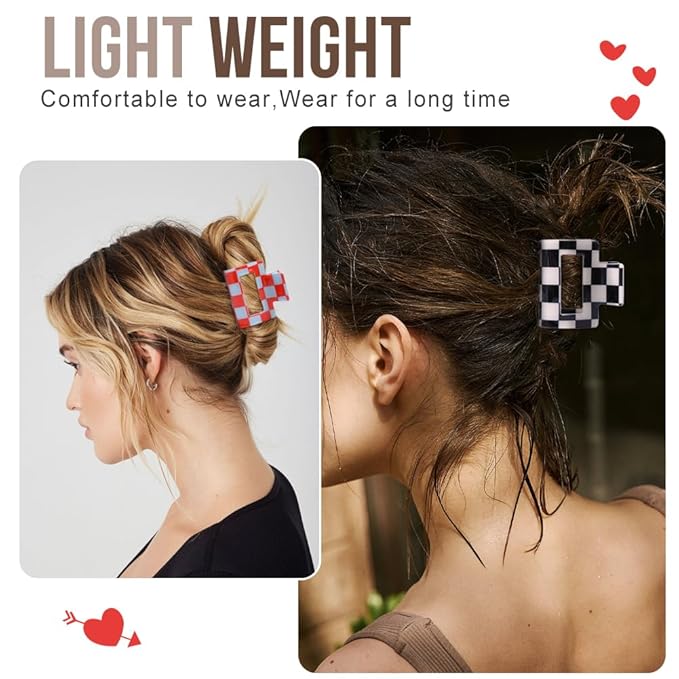 Small Checkered Multicolored Rectangle Y2K Hair Claw Clips - 6 Pcs Strong Hold Hair Accessories for Thin & Thick Hair