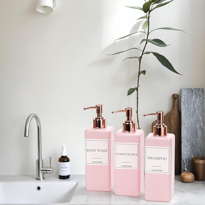 Shampoo and Conditioner Dispenser for Shower, Refillable Shampoo and Conditioner Bottles Body Wash Dispenser with Waterproof Labels, 3PCS Soap Dispenser Bathroom Pink Rose Gold Empty Pump Bottle