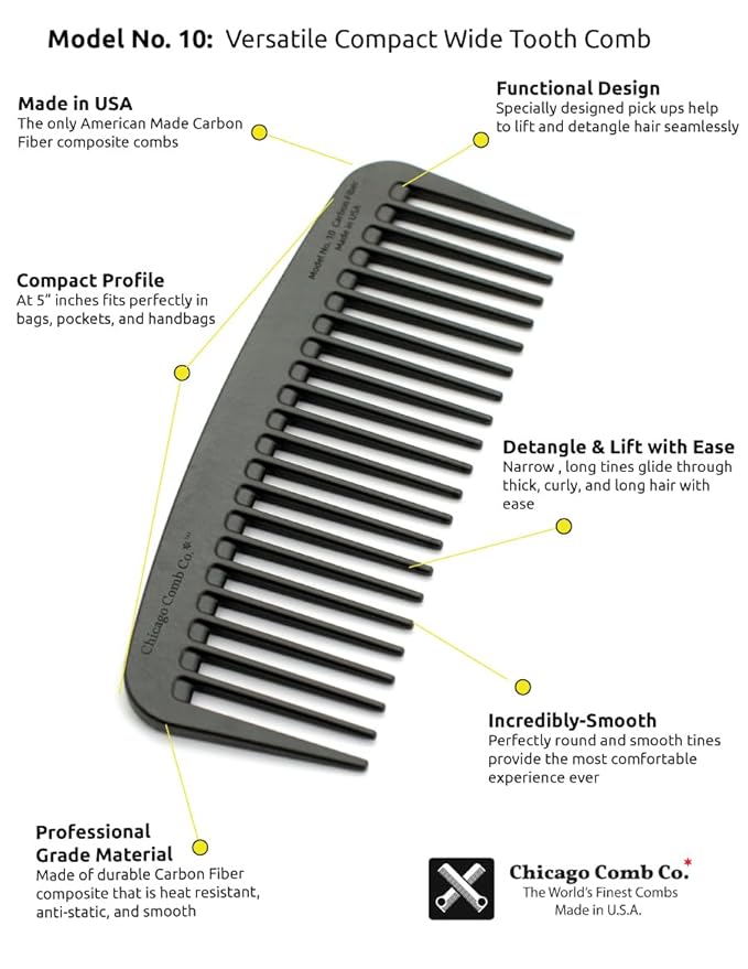 Chicago Comb Model 10 Carbon Fiber, Compact Wide-Tooth Comb, Made in USA, Anti-Static, 5 Inches (12.7 cm) Long