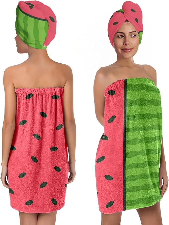 Watermelon Towel Wrap for Women with Hair Turban – Fruit Print Quick Dry Bath Skirt Set – Microfiber Adjustable Spa Shower Wrap with Elastic & Hook and Loop Closure – Dorm, Gym, Pool, Travel (W1)
