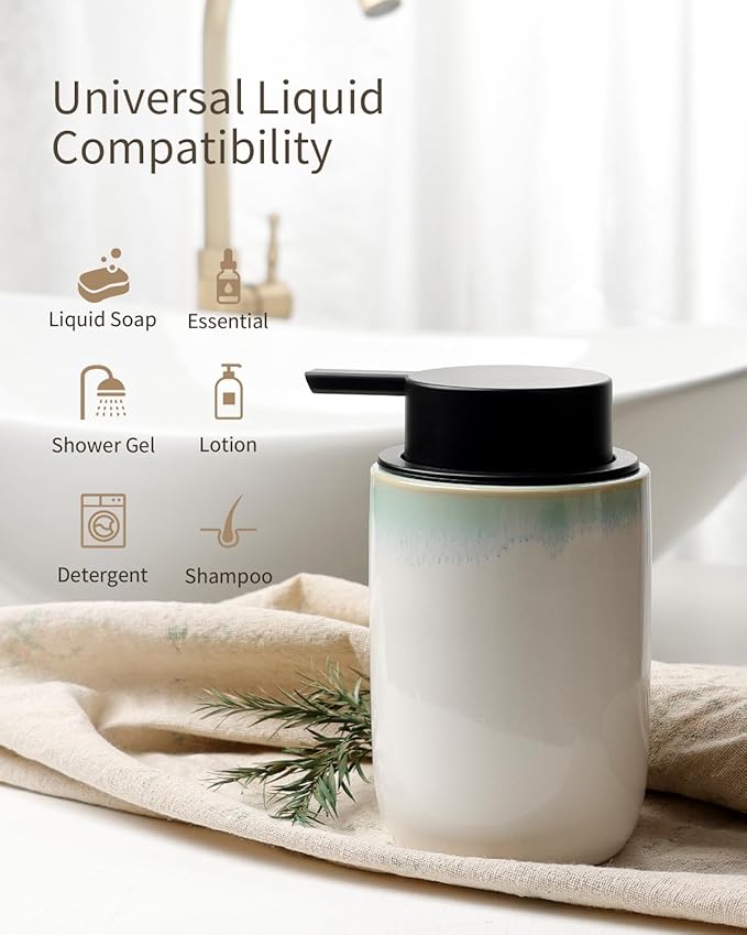 BosilunLife Hand Soap Dispenser - Foam Soap Dispenser Bathroom Ceramic Dish Liquid Soap Dispenser for Kitchen, Bathroom Countertop Soap Dispensers (White with Blue-Green Rim Liquid Pump)
