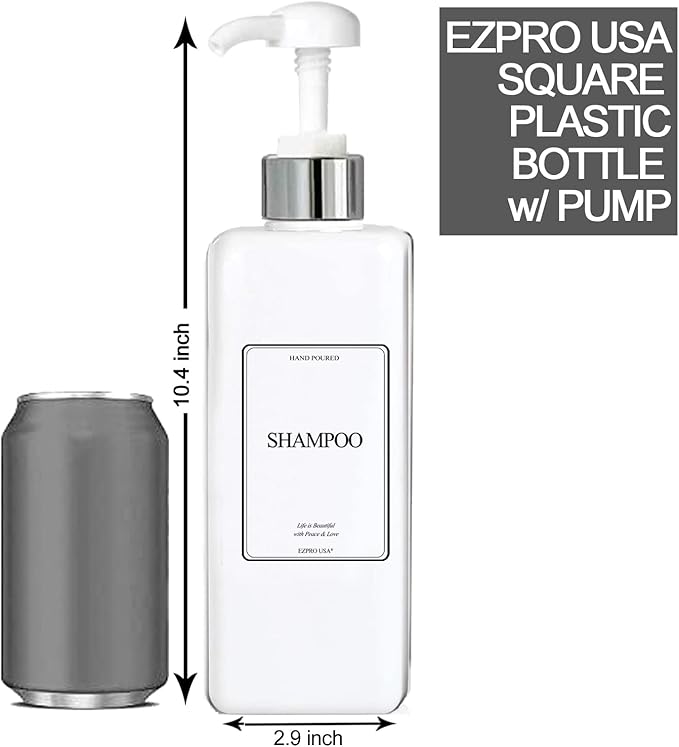 Empty Plastic Square Bottles Pump Shampoo Conditioner Body Wash Face, in Shower Bathroom Dispenser, Waterproof Permanent Labels, 27oz 800ml Set of 4 (White Plastic, Silver White Pump)