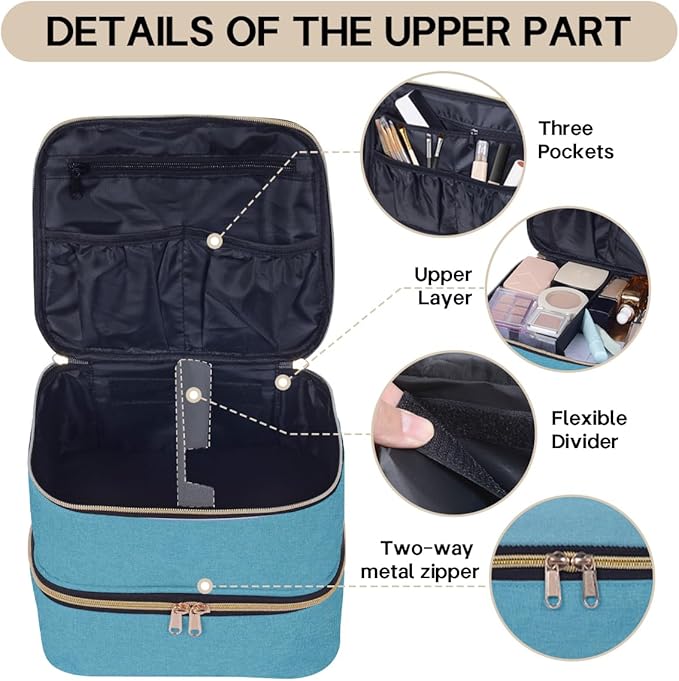 Double Layer Makeup Bag Portable Large Cosmetic Case Organizer with Adjustable Dividers Storage Travel Bag for Accessories Brushes Conditioner and Skin Care Products (Green)