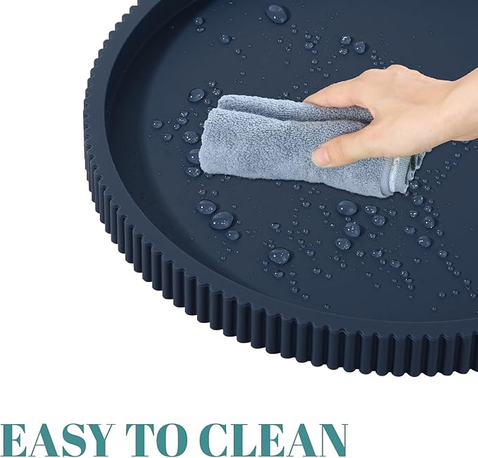 Silicone Bathroom Tray Round Kitchen Counter Organizer Decorative Vanity Accessories Coffee Table Decor for Perfume, Candle, Soap Dish, 10 Inch, Dark Blue