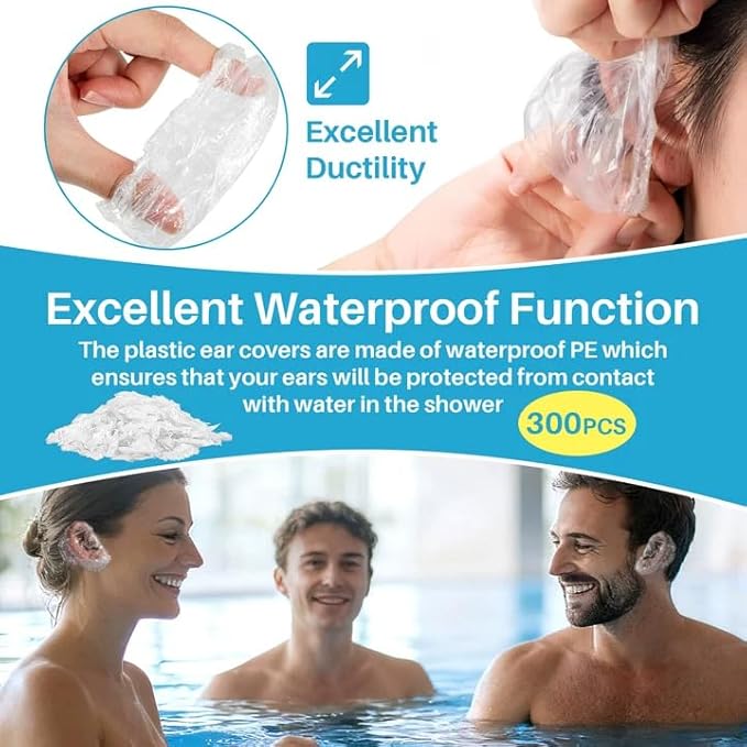 MAQIHAN 300 Pack Disposable Ear Covers Waterproof- Plastic Ear Shower Covers,Waterproof Plastic Ear Protection Ear Shower Caps for Hair Dye,Shower,Bathing,Salon,Spa,Hotel,Home