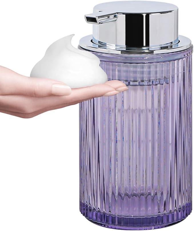Foaming Soap Dispenser, 12 Oz Purple Glass Foam Hand Soap Dispenser, Refillable Glass Foam Pump Bottle Container Decorative Slim Ribbed Bottle for Bathroom and Kitchen