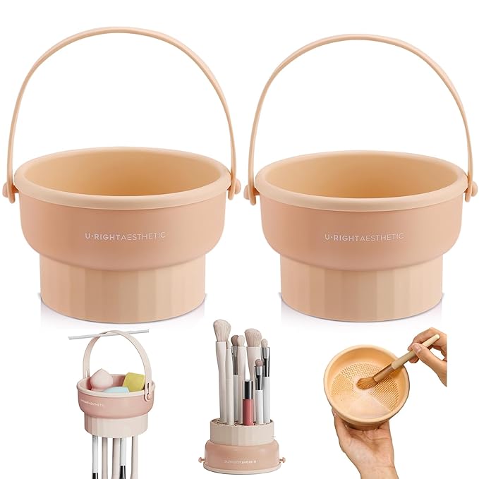 2 Pack Makeup Brush Cleaner Mat 3 in 1 Silicone Makeup Brush Cleaning Bowl Makeup Brush Sponge Scrubber Tool for Cleaning, Storage and Upside Down Drying, （Two Khaki）