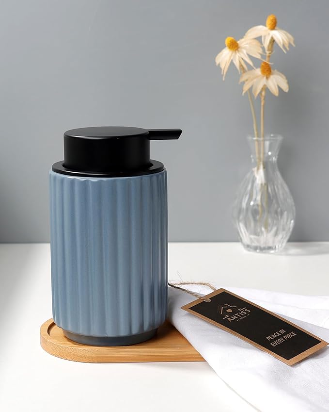 Foaming Soap Dispenser, Ceramic Foam Hand Soap Dispenser with Stripe Design for Kitchen or Bathroom, Refillable Dish Lotion Dispenser, Gray Blue, ANTIS'S HOME