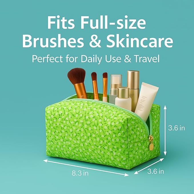 Floral Quilted Cotton Makeup Bag for Women, Large Capacity Travel Cosmetic Pouch with Zipper, Cute Toiletry & Brush Organizer, Kawaii Makeup Storage Case – Green Floral