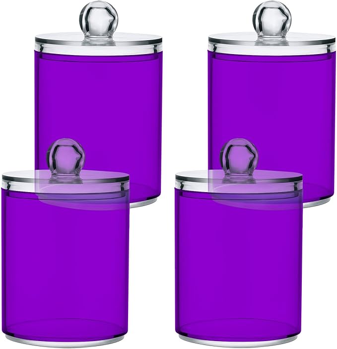Purple Qtip Holder Organizer Dispenser Cotton Swabs Cans Plastic Jars with Lid Set 4 Pack Bathroom Storage Canister for Cotton Ball Floss Cotton Pads