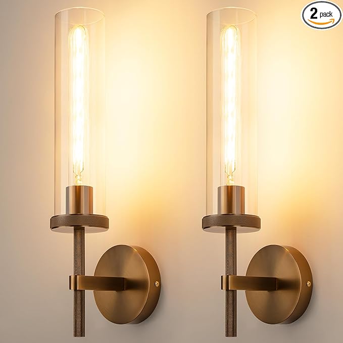19.5" Knurled Bronze Wall Sconces Set of 2, Bathroom Vanity Light Fixtures with Clear Glass Tube, Modern Lamp Lighting for Bedroom, Living Room, Hallway, Staircase, Mirror, Kitchen