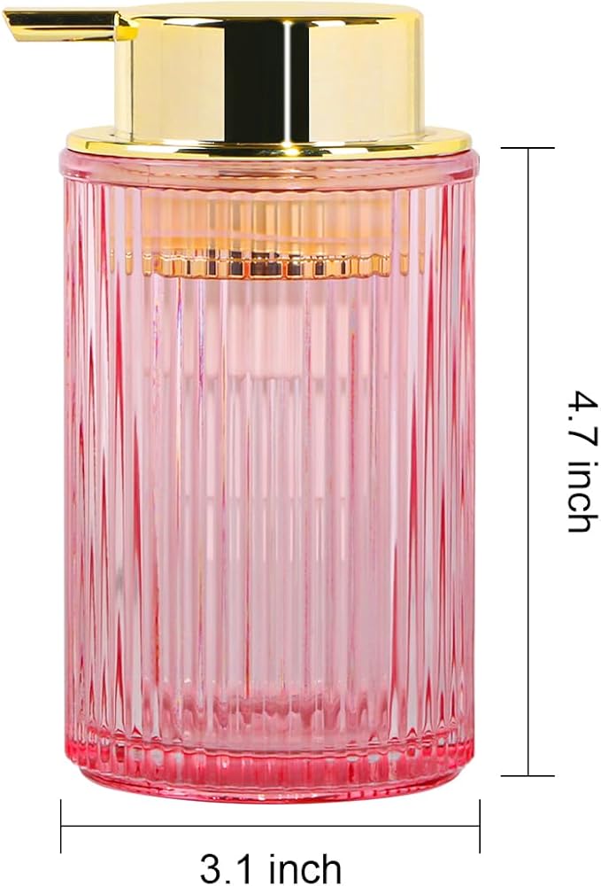 Foaming Soap Dispenser, 12 Oz Pink Glass Soap Dispenser, 2pcs Refillable Liquid Lotion Container Foam Pump Bottle Decorative Modern Slim Ribbed Bottle for Bathroom and Kitchen