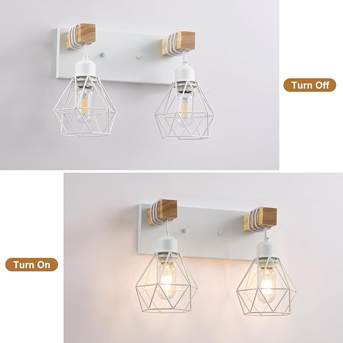 White Bathroom Vanity Light Fixtures, 2-Light Wood Bathroom Light Fixtures Over Mirror, Rustic Sconces Wall Lighting with Elegant Metal Lampshade for Living Room, Bedroom, Hallway