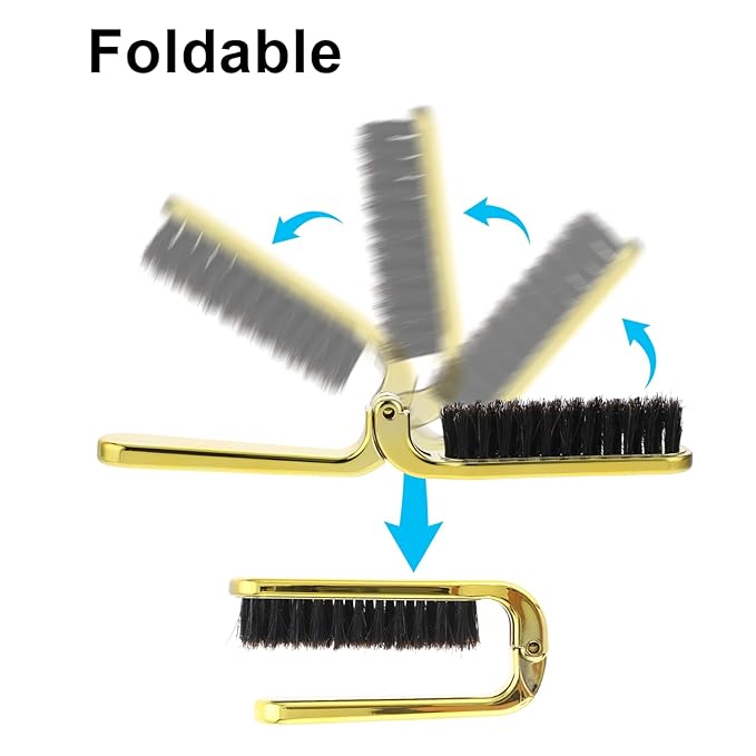 Foldable Boar Bristle Hair Brush, Small Folding Hairbrush Collapsable Mini Travel Hair Brush Anti-Static Range Hair Brush for Women, Portable Pocket Comb Hair Styling Tool,Beard Brush for Men (Gold)