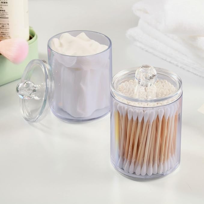 Lavender Qtip Holder Organizer Dispenser Cotton Swabs Cans Plastic Jars with Lid Set 4 Pack Bathroom Storage Canister for Cotton Ball Floss Cotton Pads