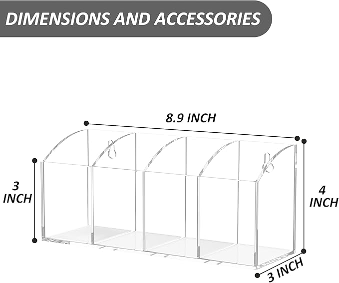 Acrylic Pen Holder Organizer 4 Compartments, Clear Makeup Brush Holder, No Drill Wall Mounting Pencil Holder for Office Accessories