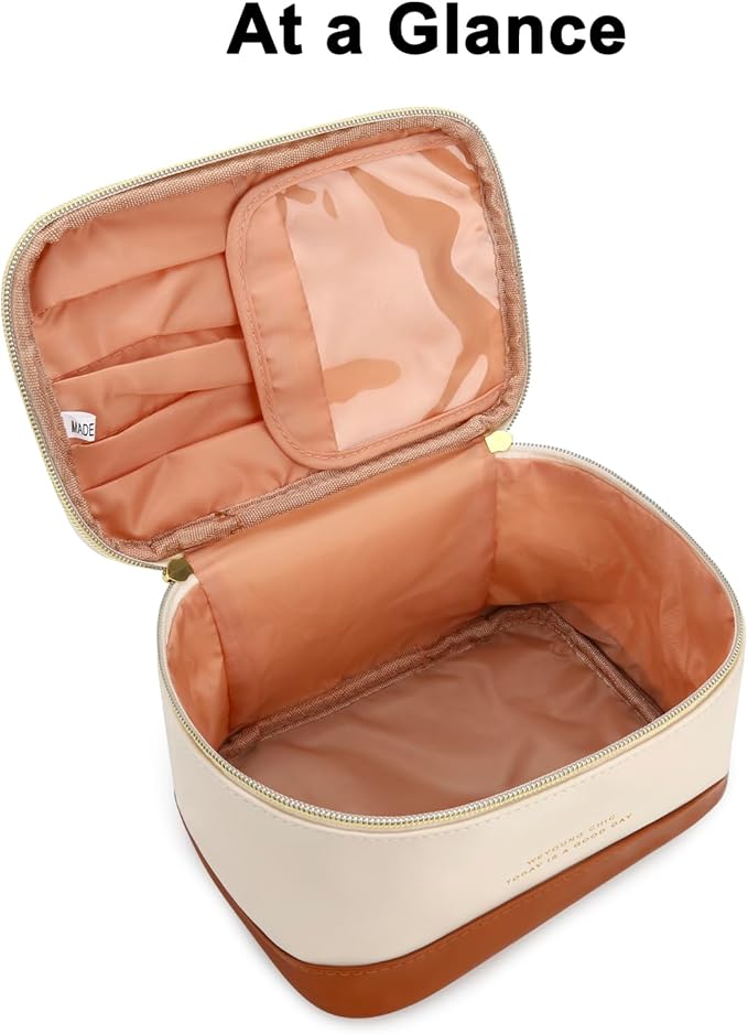 Small Makeup Bag Travel Cosmetic Bag Toiletry Zipper Pouch Make Up Organizer Bag with Handle Purse for Women Soft PU Leather Skincare Case (L01-Beige)