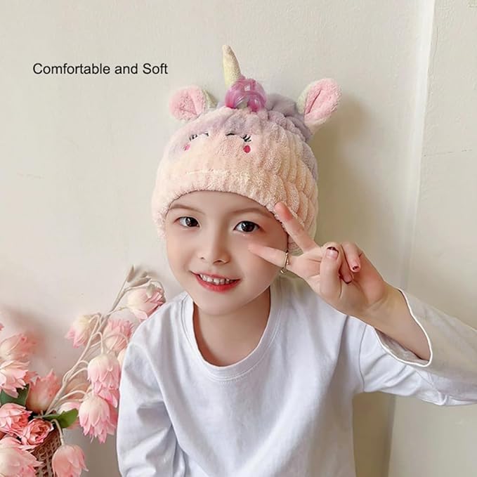 Animal Hair Drying Towel Cap for Kids, 2Pcs Cute Unicorn Microfiber Bath Dry Hair Wrap, Absorbent Quick Girls Boys Hair Drying Towel, Suck Water Hat Headscarf for Wet Hair