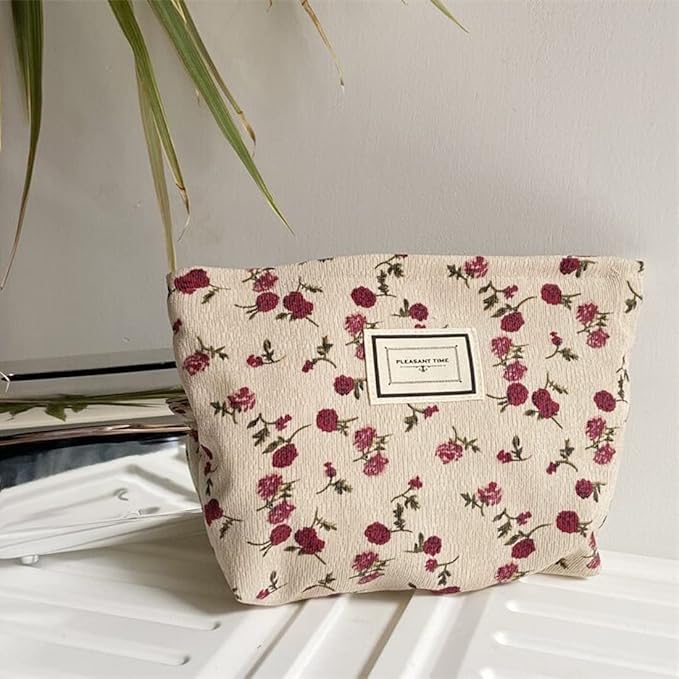SxoSyo Cosmetic Bags for Women Makeup Bag Large Capacity Purse Travel Toiletry Zipper Storage Pouch Make up Brushes Organizer for Gifts (Beige, Rose)