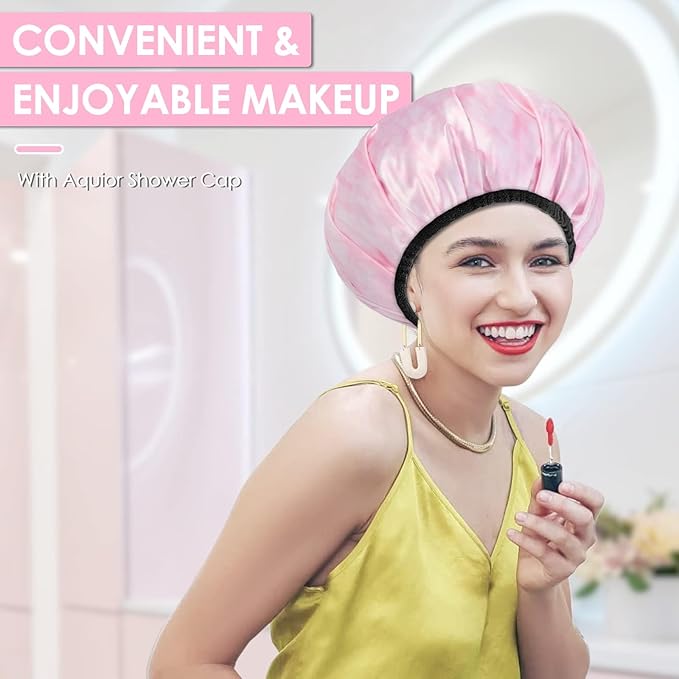 Aquior Shower Cap,Extra Large Triple Layer Bathing Cap with Dry Hair Function for Women Microfiber Terry Cloth Silky Satin 100% Waterproof Reusable Long Hair Bath Caps (Pink Cloud)