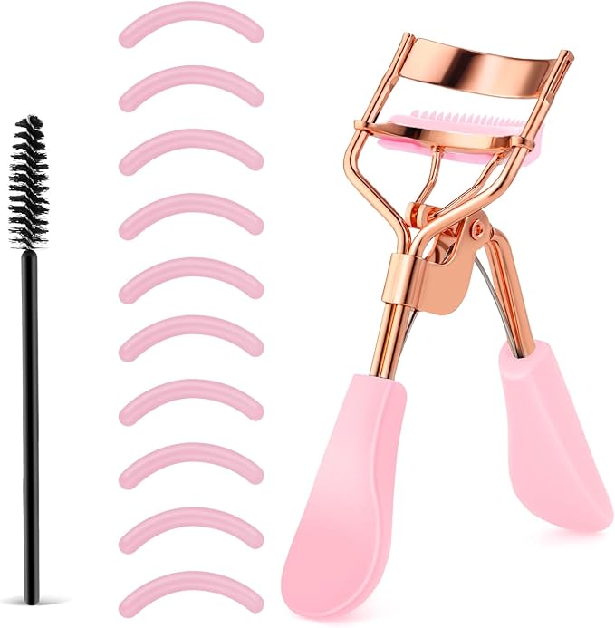 Beauty Eyelash Curler Stainless Steel Eye Lash Curler with 10 Silicone Refill Pads Professional Makeup Tool with Built-in Comb for Women Girls Any Eye Shapes