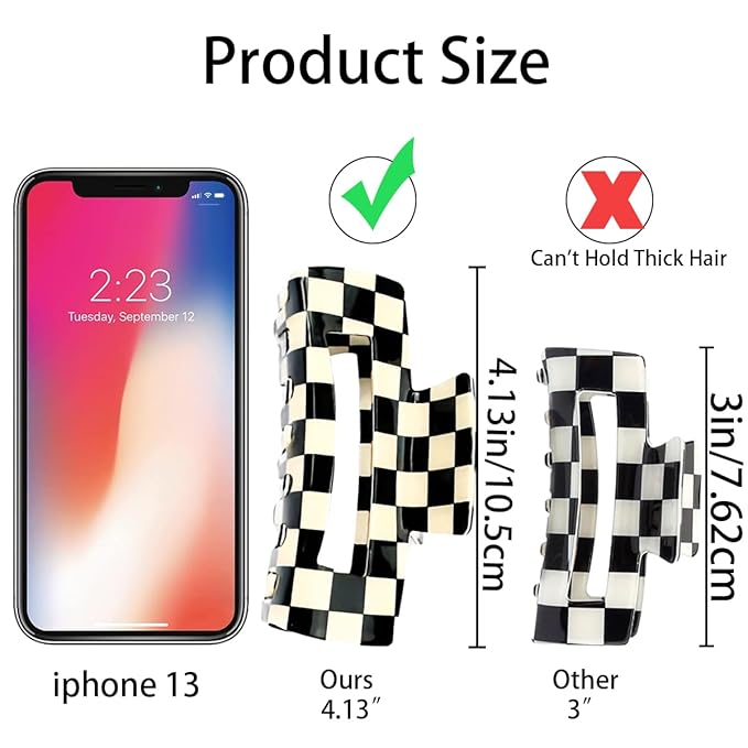 2 PCS Checkered Hair Claw Clips Square Checker Barrettes Cute Non Slip Hair Jaw Clips Strong Hold Rectangle Hair Claw Multicolored Plaid Vintage Check
