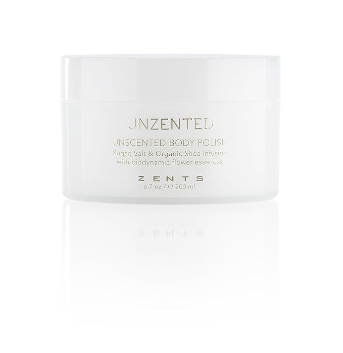 ZENTS Body Polish, Exfoliating Salt & Sugar Body Scrub with Organic Shea Butter, Unzented Fragrance Free for Sensitive Skin, 6.7 oz