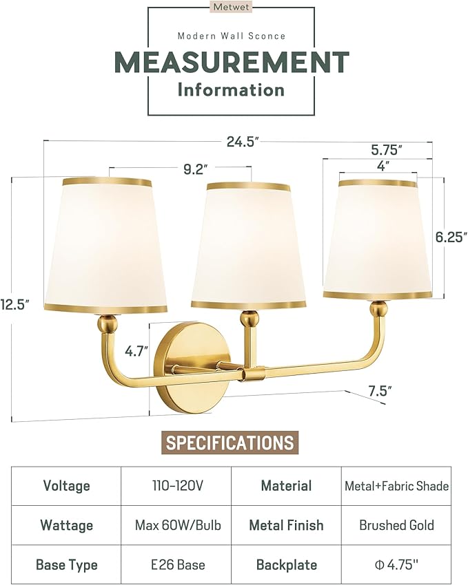 3-Light Bathroom Light Fixtures, Brushed Gold Vanity Lights Over Mirror with White Fabric Shade, Modern Sconces Wall Lighting for Hallway Bedroom, VL837-BG-X-3