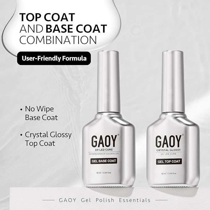 GAOY Crystal Glossy Gel Top and Base Coat Set, 16ml 2 Pcs High-Gloss Top Coat and No Wipe Foundation Combination for UV Light Gel Nail Polish