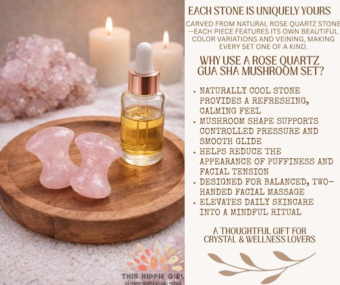 This Hippie Girl Gua Sha Mushroom Set, Jaw Sculpting Tools, A+ Rose Quartz Facial Toning and Yoga Sculpt Massage Tool, 2 Gua Sha Mushrooms for Skin and Facial Treatment, Facecare Tools