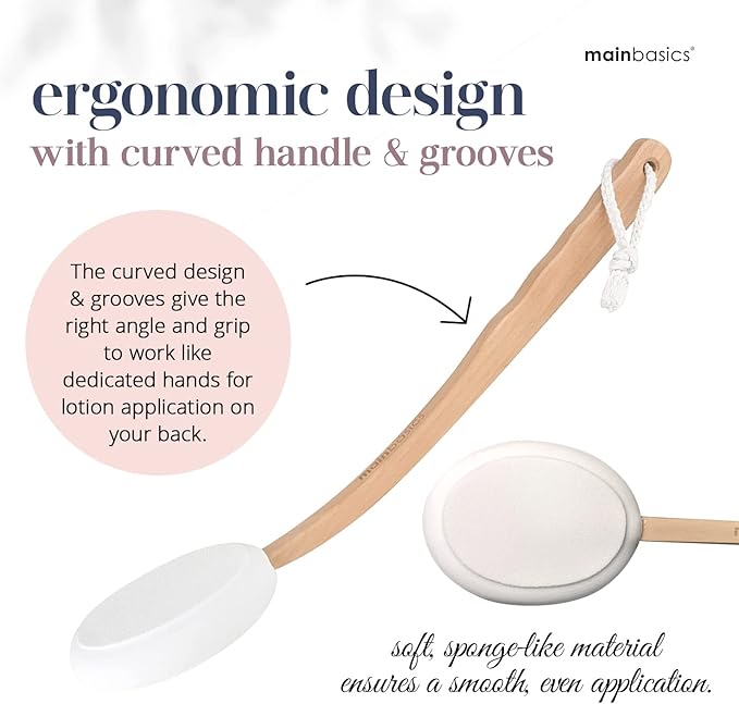 MainBasics Back Lotion Applicator - Long Handle, Washable, Ideal for Self and Elderly Use with Skin Cream, Medicine, Sunscreen, Moisturizer, Tanner, Lotion