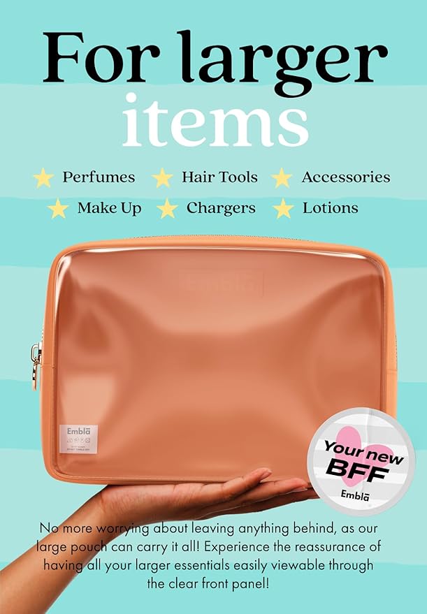 Embla Clear Large Makeup Bag Cute Big Make Up Nylon Pouches Travel Bathroom Bags for Toiletries XL Cosmetic Pouch for Women Girls Extra Large Zipper Toiletry Skincare Organizer Orange