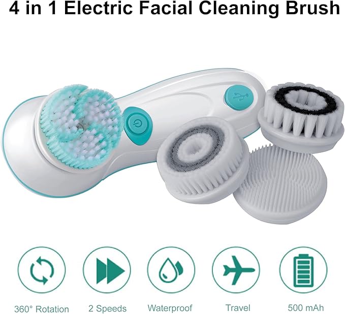 Facial Cleansing Brush, Electric Face Scrubber with 4 Cleanser Heads and 2 Speeds Adjustable for Deep Cleaning, Portable Rechargeable and Waterproof Face Wash Brush for Women & Men (Green)